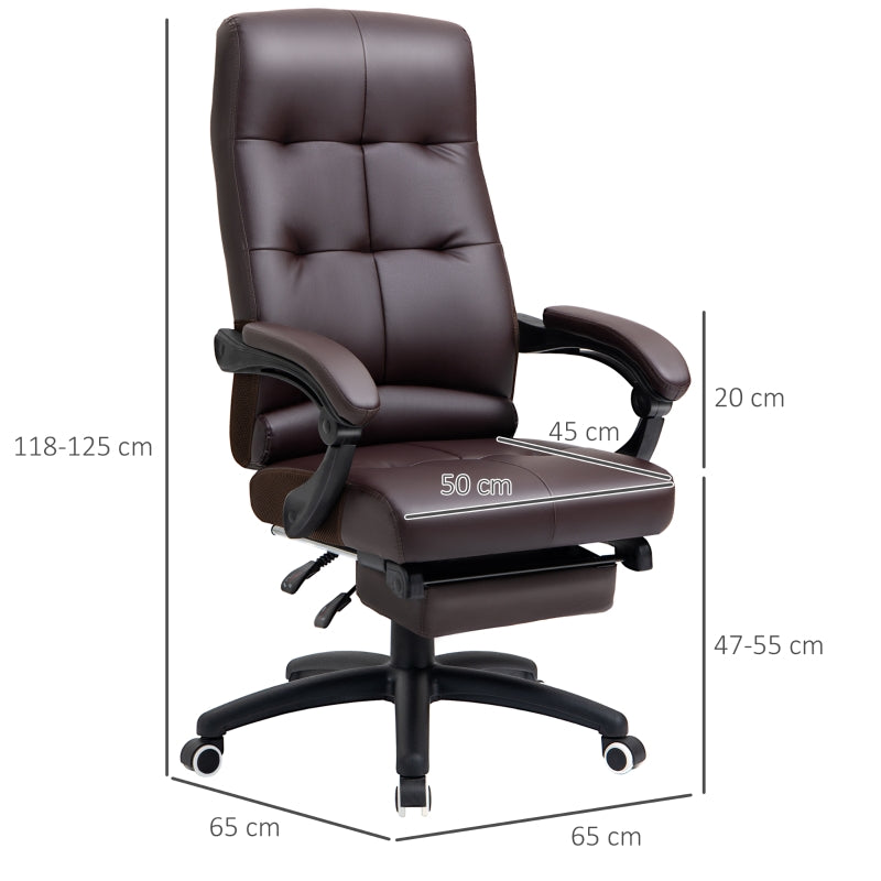 Vinsetto Cadeira de escritório ergonômica giratória com função de inclinação altura ajustável Apoio de braço e apoio para os pés em couro sintético 65x65x118-125cm marrom