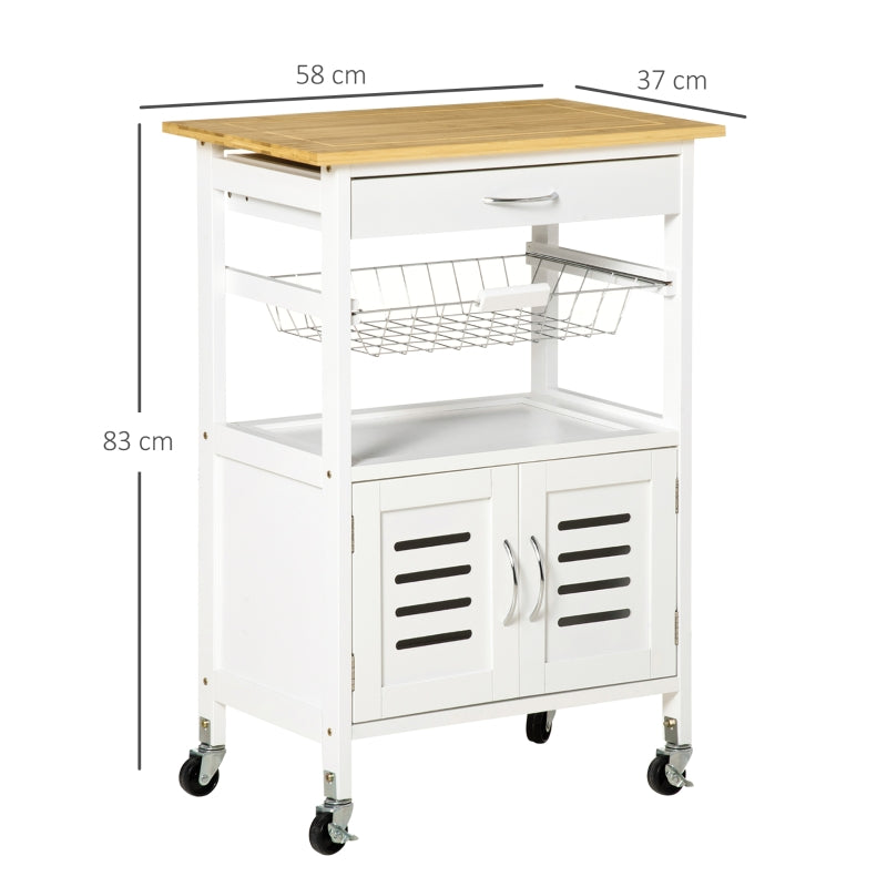 HOMCOM Carrinho de Cozinha com Rodas Carro de Armazenamento Multiúso com Bancada de Bambu Gaveta Cesta Metálica e Armário de 2 Portas de Persiana 58x37x83cm Branco