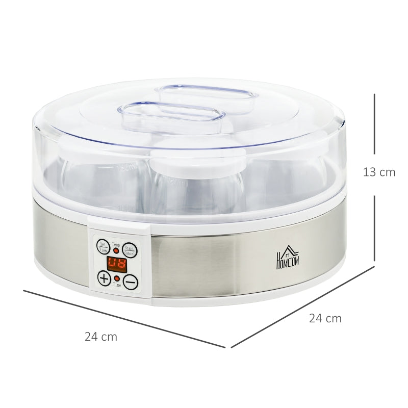 HOMCOM Iogurteira 20W Capacidade 1,26L com 7 Frascos de Cristal de 180 ml Termóstato Ajustável Temporizador de 1-48 horas 24x24x13 cm Branco