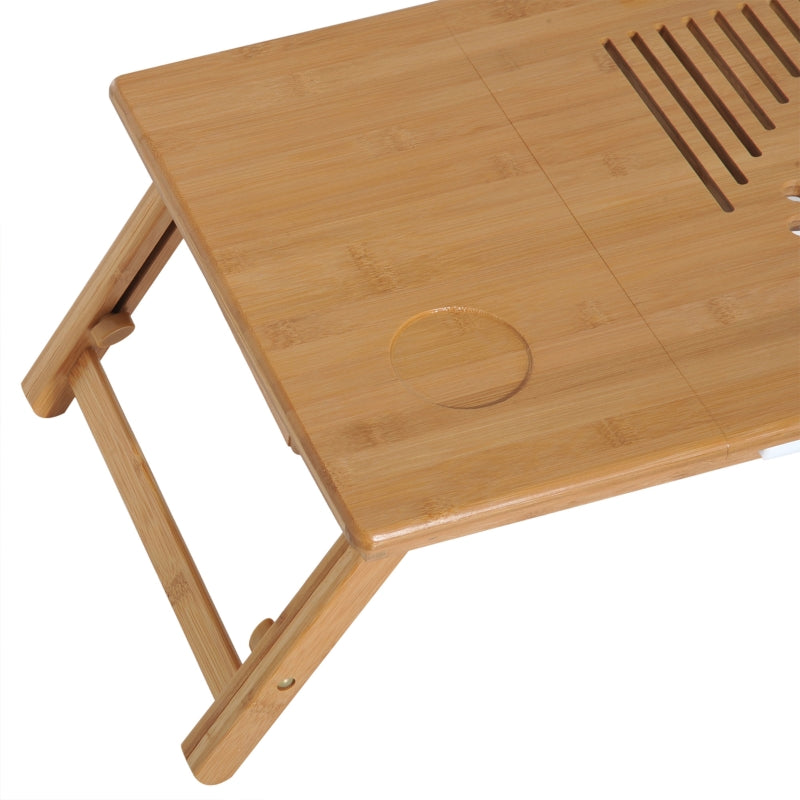 HOMCOM Mesa de Computador Portátil Bambu Dobrável Reclinado Altura ajustável Suporte Mesa de volta 1 Gaveta 55x35x22-30cm