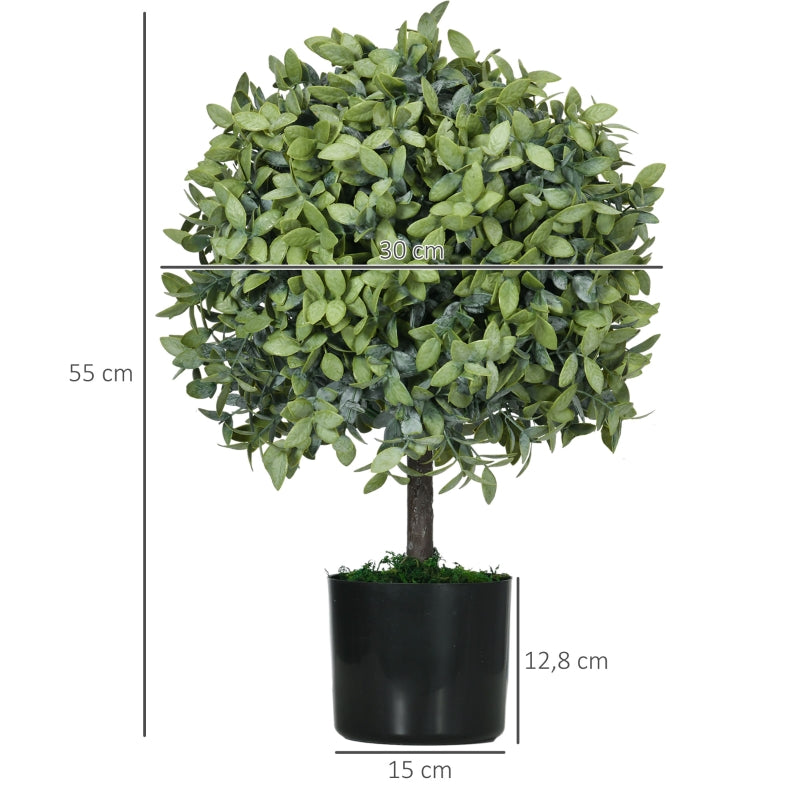 HOMCOM Conjunto de 2 Árvores de Chá Artificial 55 cm Planta Artificial com 343 Folhas Musgo e Vaso Planta Artificial Decorativa Verde