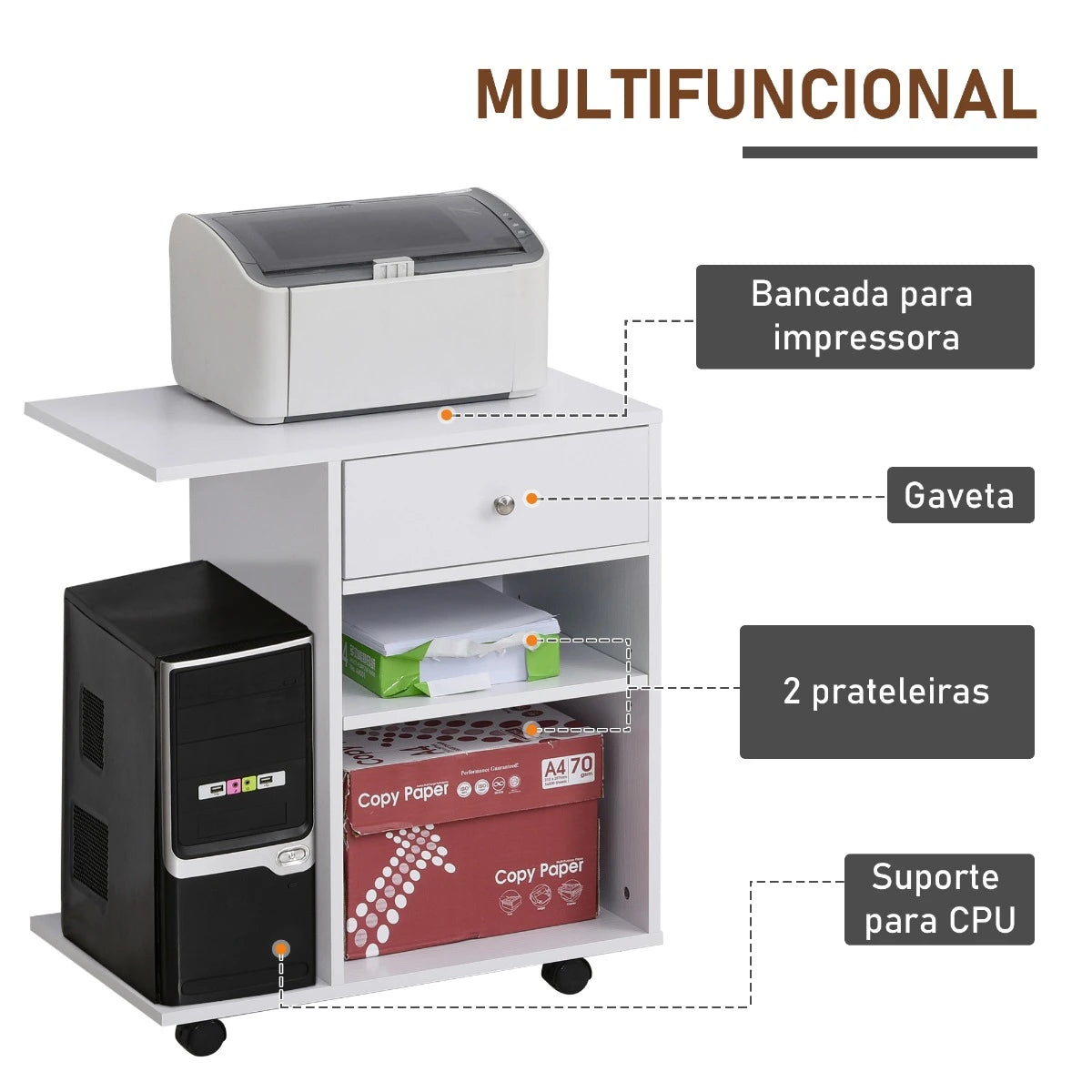 Vinsetto Armário para Impressora de Escritório Multifuncional com Rodas 2 Compartimentos Gaveta Suporte para CPU Prateleira Ajustável para Escritório 60x40x68,5cm Branco Listrado de Madeira