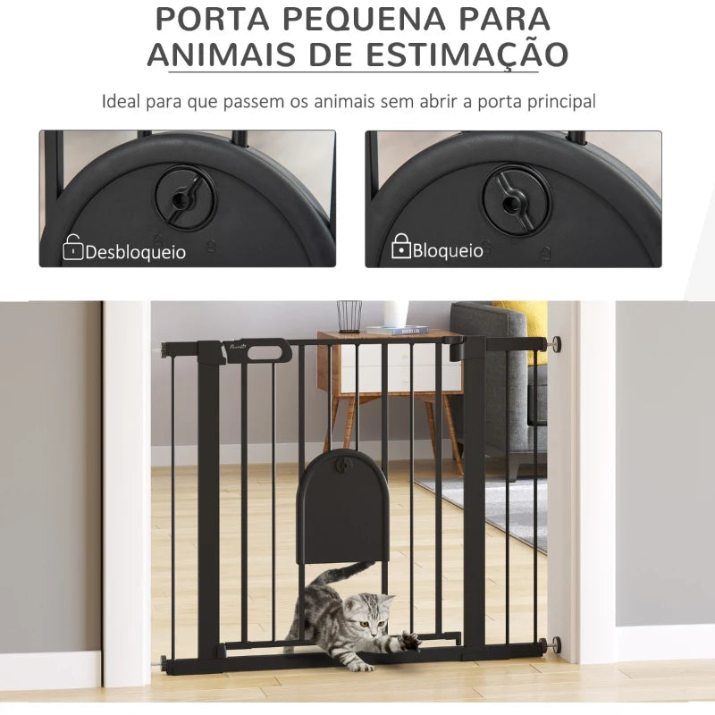 PawHut Barreira de Segurança de Cães Animais de Estimação para Escadas e Portas 75-103cm com 2 Extensões Fechamento Automático e Sistema de Duplo Bloqueio Aço Preto