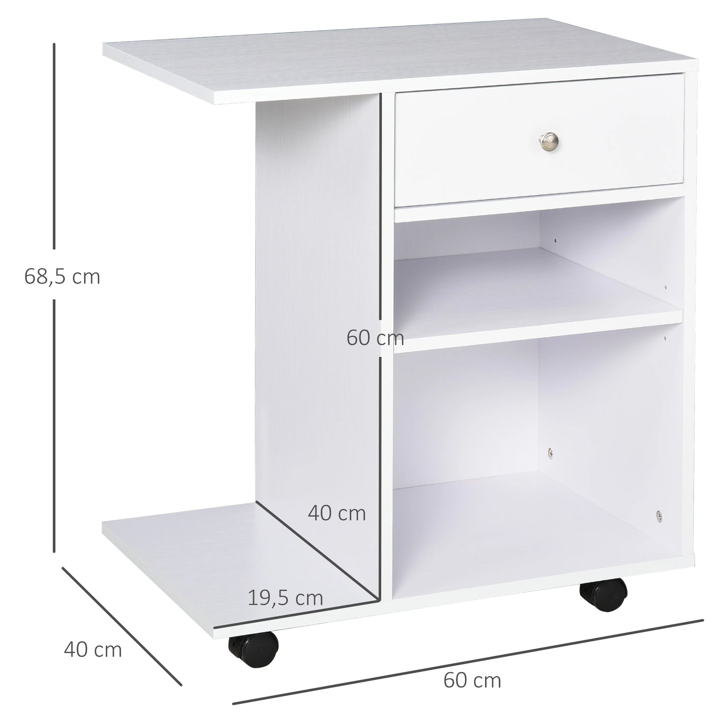 Vinsetto Armário para Impressora de Escritório Multifuncional com Rodas 2 Compartimentos Gaveta Suporte para CPU Prateleira Ajustável para Escritório 60x40x68,5cm Branco Listrado de Madeira