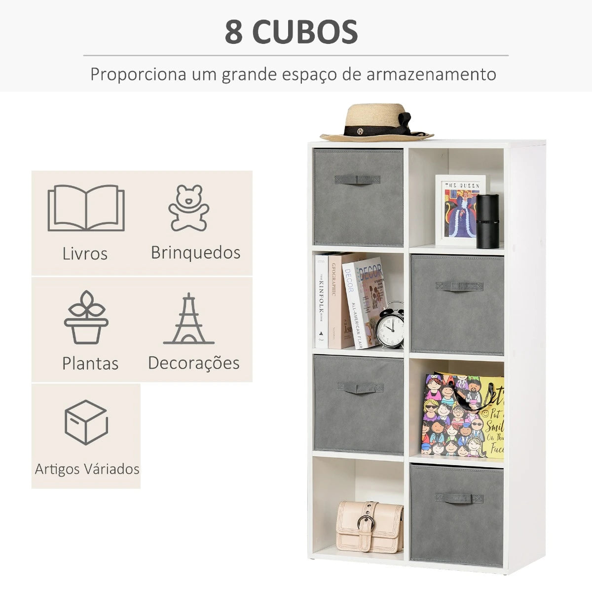 HOMCOM Estante para Livros de 8 Cubos Estante Modular com 4 Cestos Removíveis de TNT para Escritório Estúdio Dormitório 61,5x30x121,6cm Branco e Cinza