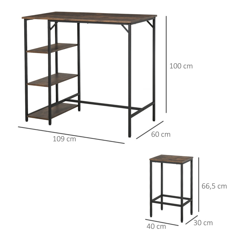 HOMCOM Conjunto de mesa de bar e 2 bancos com apoio para os pés e prateleiras de 3 níveis 109x60x100 cm marrom rústico