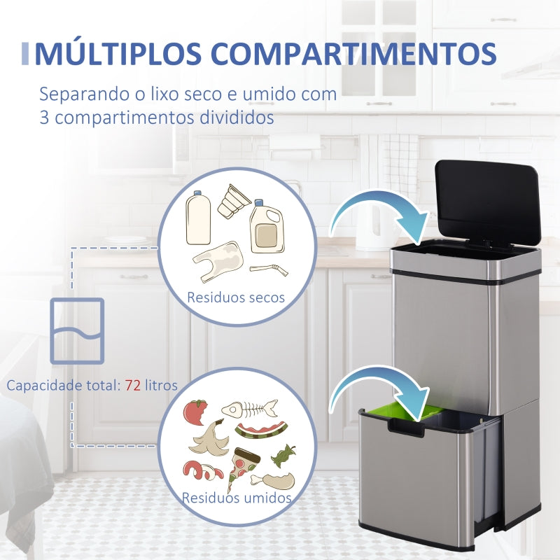 HOMCOM Balde de Lixo 72L com Abertura Automática de Aço Inoxidável e Reciclagem para Cozinha 42x30x81 cm Prata