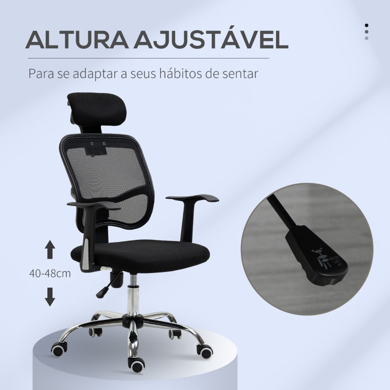 Vinsetto Cadeira de Escritório Giratória Ergonômica com Altura Ajustável Função de Inclinação Apoio para a Cabeça e Suporte Lombar 63x62x109-117cm Preto