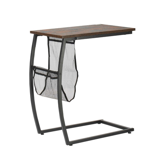 HOMCOM Mesa Auxiliar para Sofá e Cama em Forma de C com Bolso de Armazenamento Mesa Lateral de Estilo Industrial 52x35x64,5cm Marrom Rústico