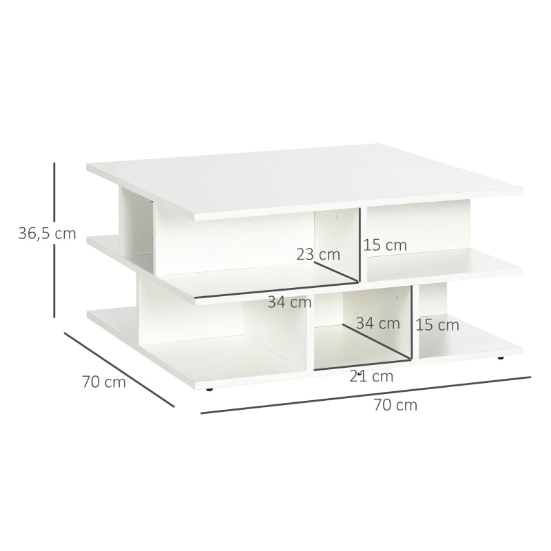 HOMCOM Mesa de Centro Quadrada Moderna com Múltiplas Prateleiras de Armazenamento para Escritório Estúdio 70x70x36,5cm Branco