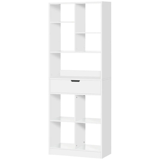 HOMCOM Estante de Madeira Estante para Livros com 1 Gaveta e 9 Compartimentos de Armazenamento 60x26x158cm Branco