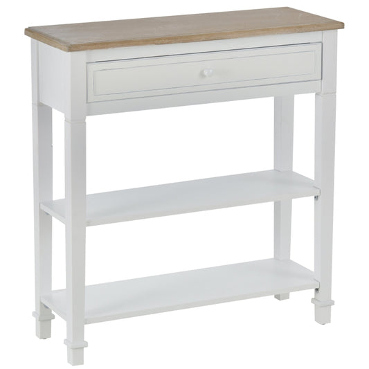 HOMCOM Mesa Consola Multifuncional Mesa auxiliar para Sala de Estar Corredor Sala de Jantar com 2 Prateleiras 1 Gaveta Removível puxador Estilo Retro Pinho 75,6x27,5x80,5 cm Madeira Natural Branco