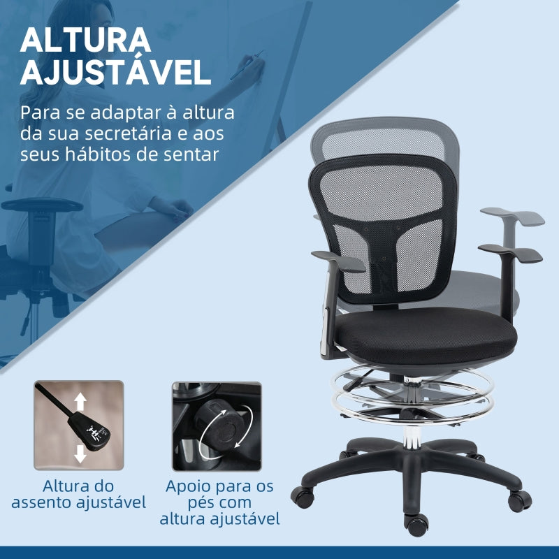 Vinsetto Cadeira de Escritório Ergonómica com Apoio para os Braços Apoio para os Pés e Assento Ajustáveis 59x59x95-115cm Preto