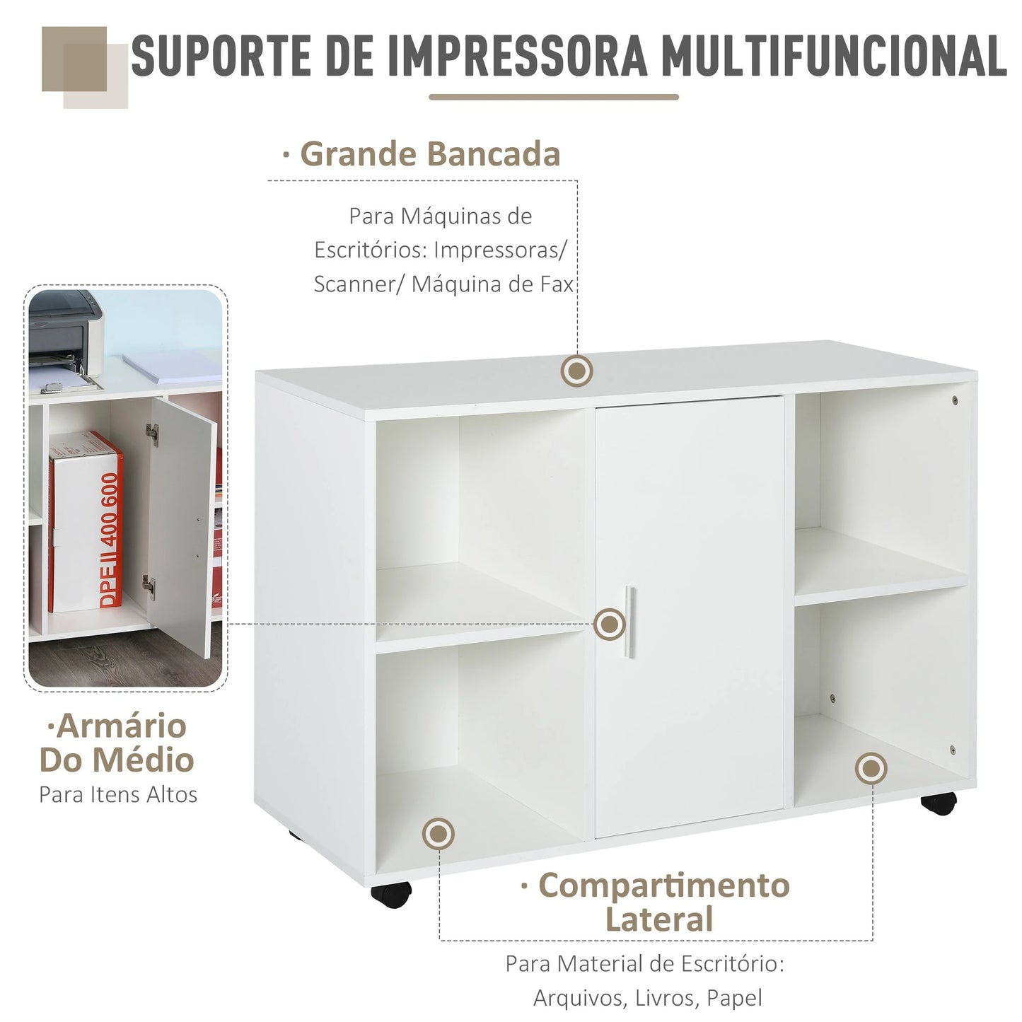 Vinsetto Armário para Escritório de Impressora com Espaço de Armazenamento e Rodas 100x 40 x 71 cm Branco