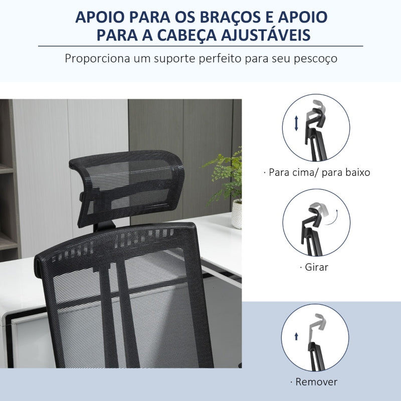 Vinsetto Cadeira de Escritório Ergonômica Giratória e Reclinável com Altura Ajustável Apoio para os Braços Apoio para a Cabeça e Suporte Lombar Regulável 66,5x66x109-118cm Preto