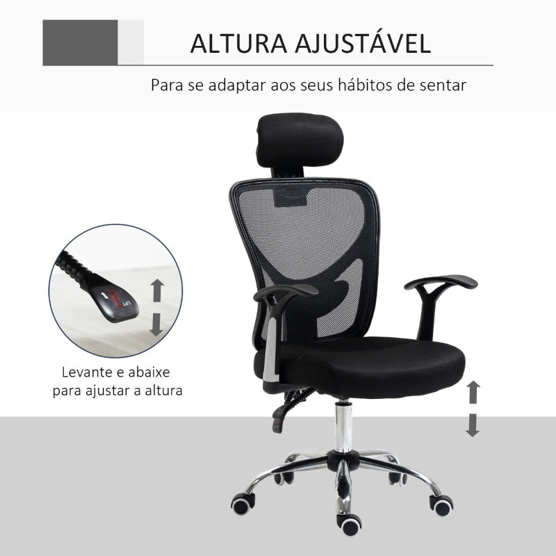 Vinsetto Cadeira de Escritório Ergonômica Cadeira de Escritório Giratória com Altura Ajustável Função Reclinável Apoio para a Cabeça e Suporte Lombar 65x67x108-118cm Preto