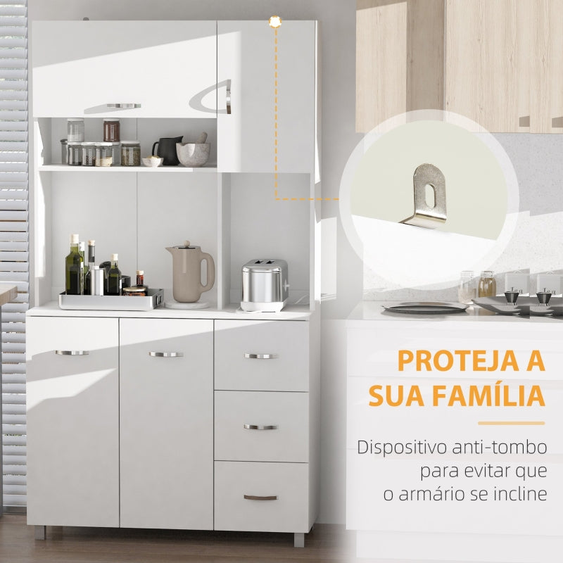 HOMCOM Armário de Cozinha Armário Alto com 3 Gavetas 4 Portas Prateleiras Interiores Ajustáveis e Pés Elevados Móvel Auxiliar para Sala de Jantar Sala de Estar 100x39,x183,5cm Branco