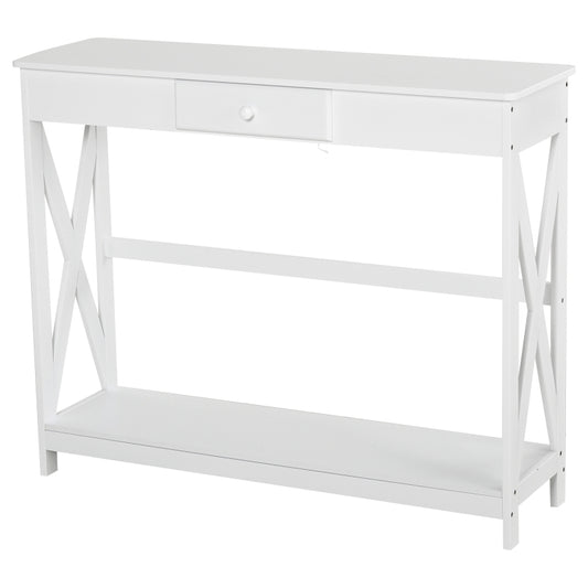 HOMCOM Mesa Consola Clássica com 1 Gaveta e 1 Prateleira de Armazenamento para a Entrada Mesa Auxiliar Sala de Estar Estilo Elegante 100x30x81cm Branco