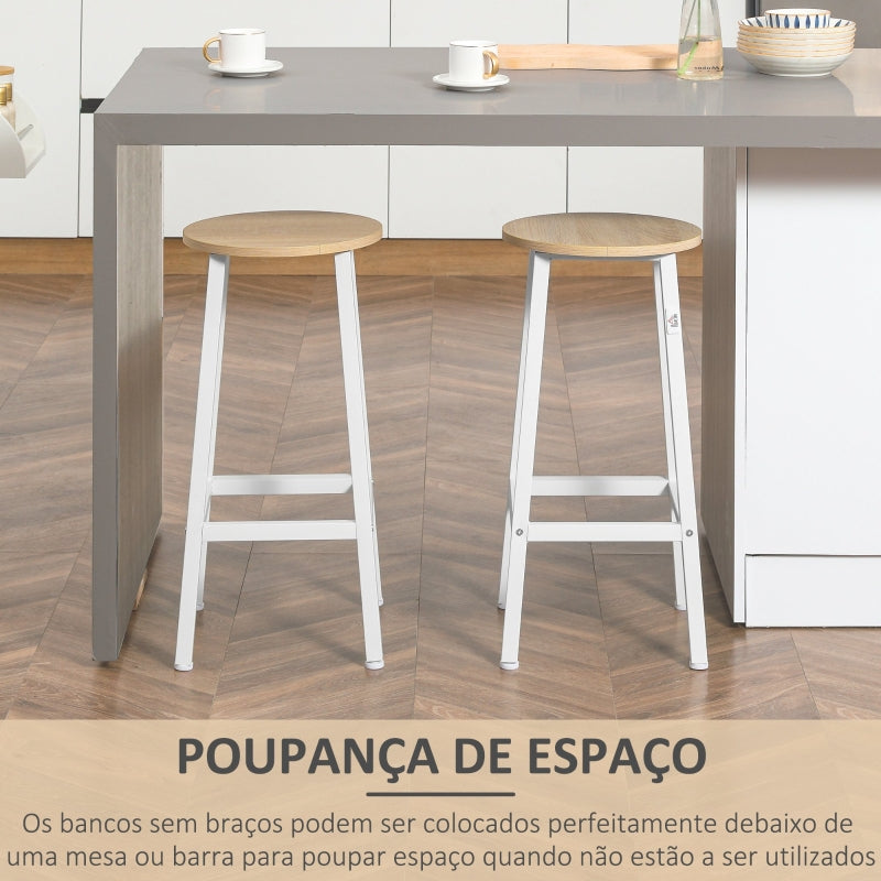 HOMCOM Conjunto de 2 Bancos Altos de Cozinha Bancos de Bar com Pés de Aço e Apoio para os Pés 32,5x32,5x65cm Madeira e Branco