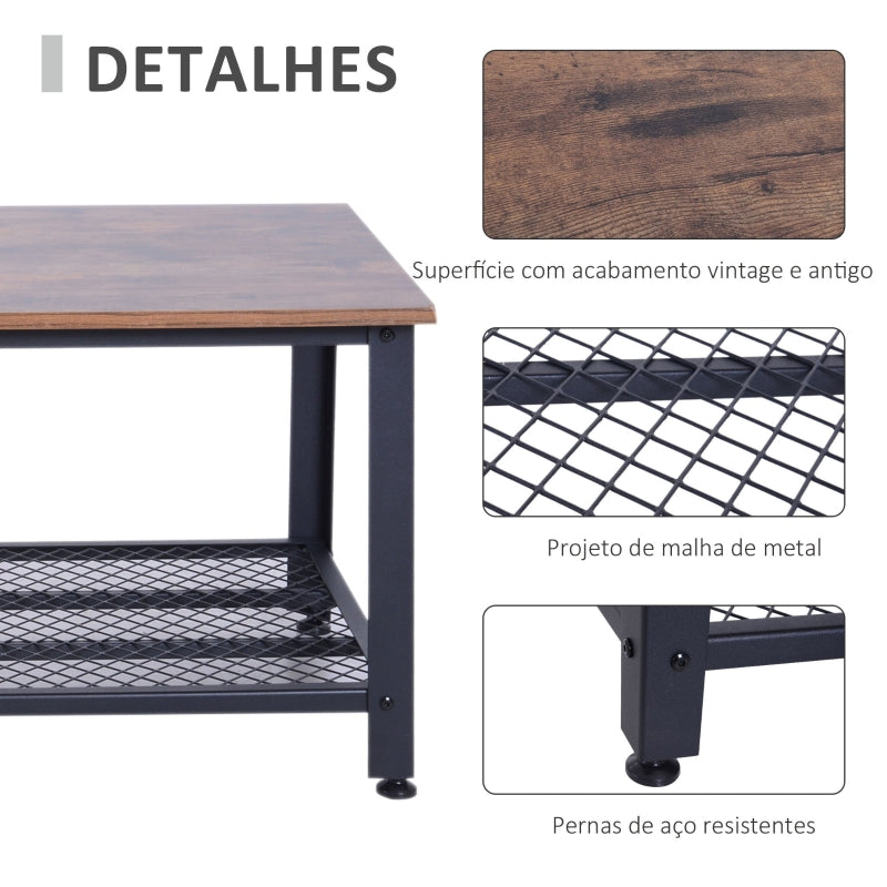 HOMCOM Mesa de Centro com Prateleira Mesa Auxiliar Multifuncional Estilo Industrial para Sala de Estar Dormitório Metal e Madeira 106x60x45cm Madeira e Preto