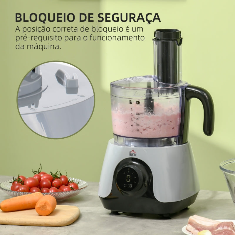 HOMCOM Processador de Alimentos 650W Taça 1L Copo 1,25L Processador de Alimentos com Ecrã LED 23,5x21x17,5cm Prata