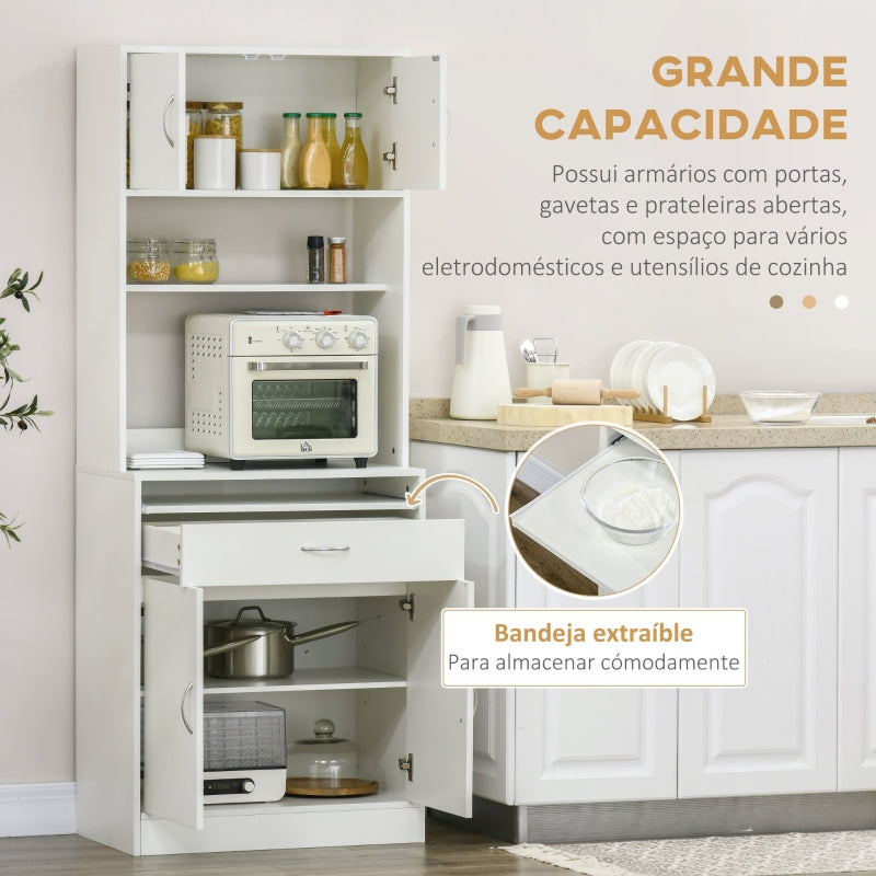 HOMCOM Armário de Cozinha com 4 Portas Bandeja Amovível Prateleira Ajustável Gaveta e Bancada para Micro-Ondas 70x40x180 cm Branco