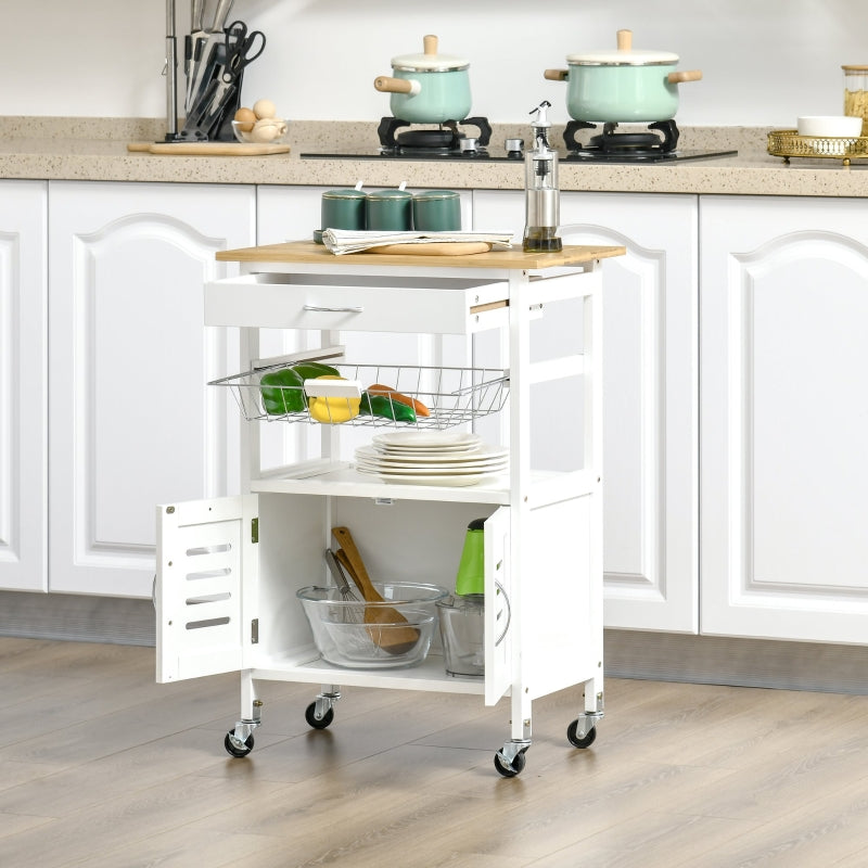 HOMCOM Carrinho de Cozinha com Rodas Carro de Armazenamento Multiúso com Bancada de Bambu Gaveta Cesta Metálica e Armário de 2 Portas de Persiana 58x37x83cm Branco