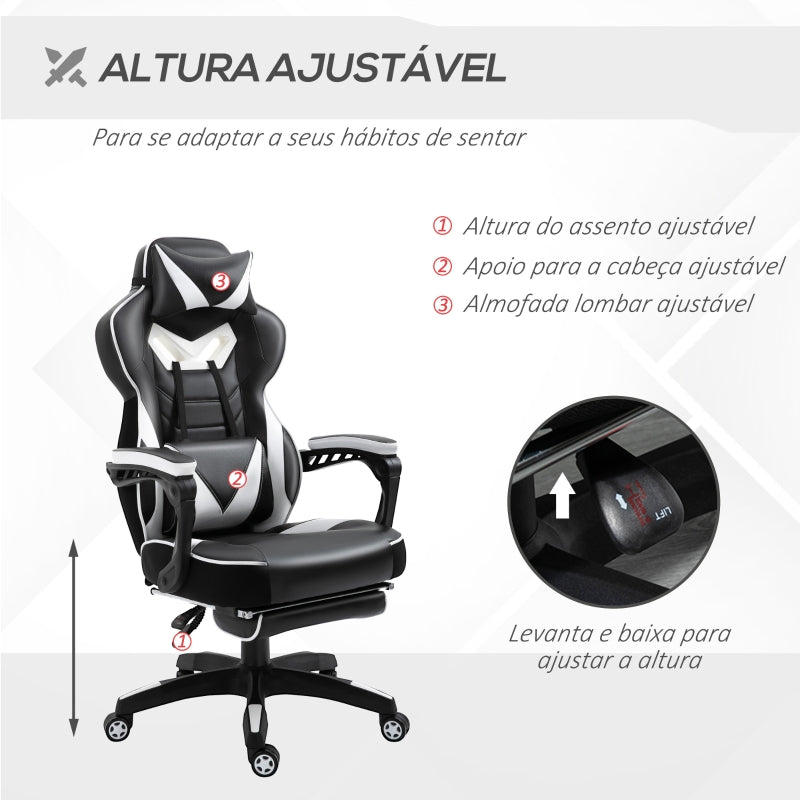 Vinsetto Cadeira de escritorio gaming ergonômica Altura ajustável Reclinável Encosto com apoio para pés 65x70x118,5-128,5 cm Branco e Preto