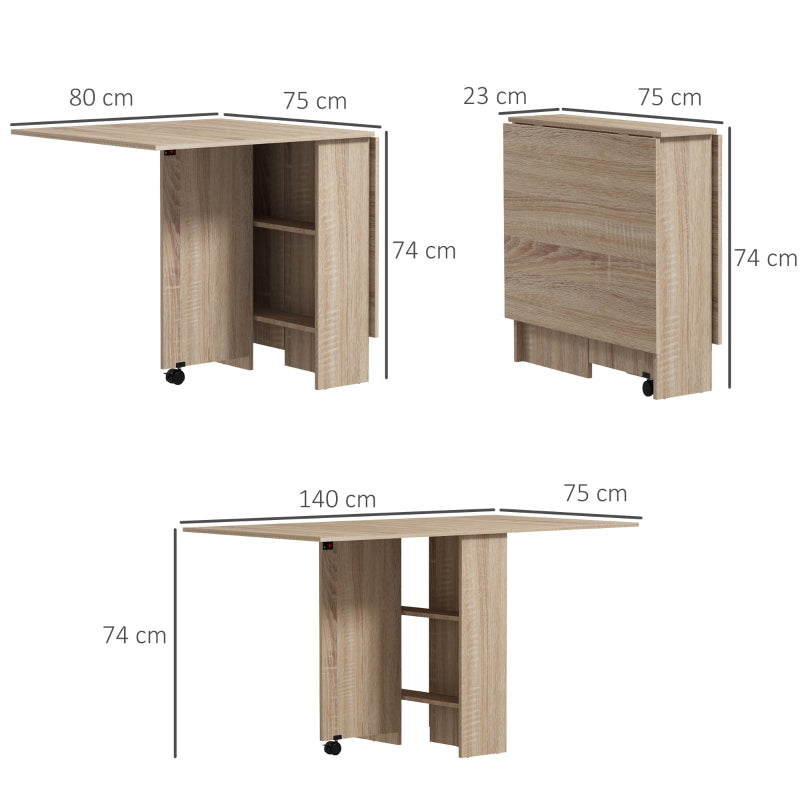 HOMCOM Mesa de Sala de Jantar Dobrável Mesa de Madeira com 2 Prateleiras 75x140x74 cm