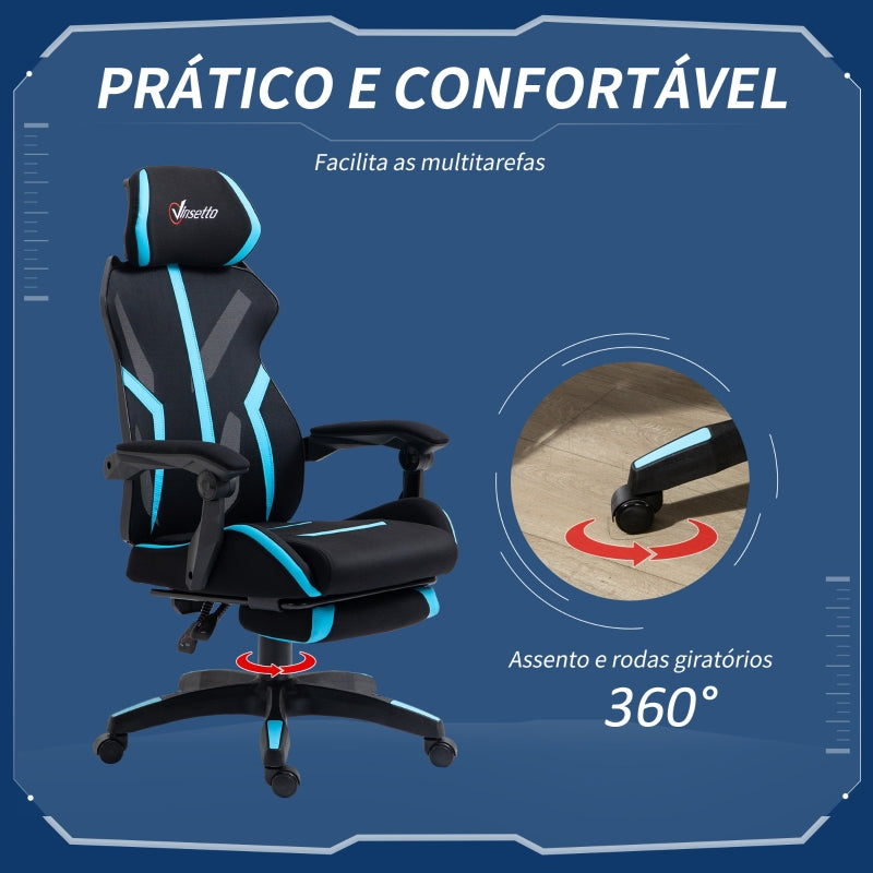 Vinsetto Cadeira de Gaming com Apoio para os Pés Retrátil Cadeira de Escritório Reclinável com Apoio para a Cabeça e Altura Ajustável 65x65x119-129cm Preto e Azul