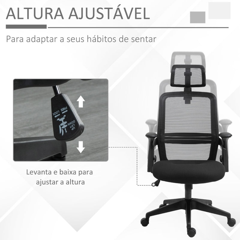 Vinsetto Cadeira de Escritório Ergonômica Giratória com Altura Ajustável Apoio para a Cabeça Suporte Lombar Reguláveis e Encosto Transpirável 63,5x64,5x113-122cm Preto