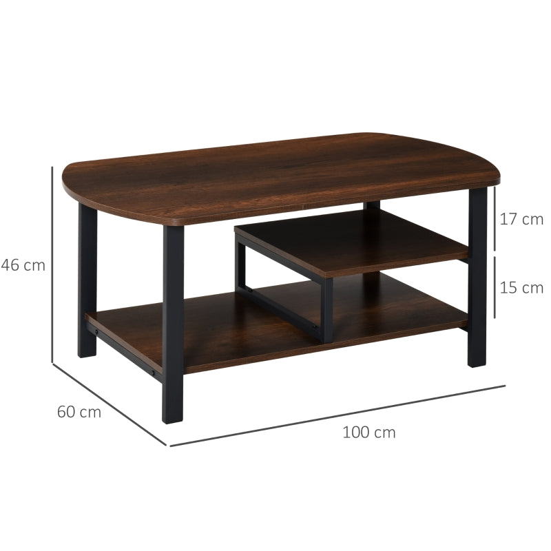 HOMCOM Mesa de Centro com 2 Prateleiras Mesa de Café Estilo Vintage para Sala de Estar Dormitório 100x60x46cm Marrom Rústico