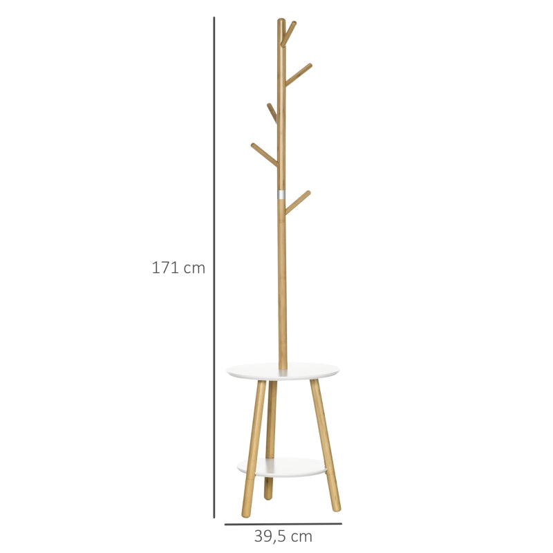 HOMCOM Cabide de Pé de Bambu 2 em 1 com 2 Prateleiras 5 Ganchos e Estrutura de Alumínio 39x5x39,5x71cm Madeira e Branco