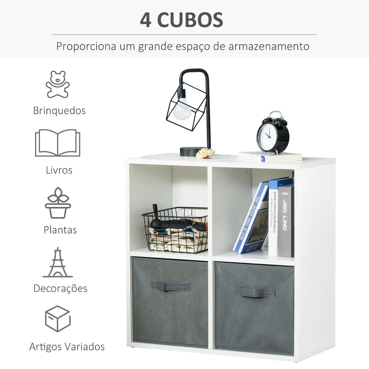 HOMCOM Estante para Livros de 4 Cubos Estante Modular com 2 Cestos Removíveis de TNT para Escritório Estúdio Dormitório 61,5x30x61,5cm Branco e Cinza