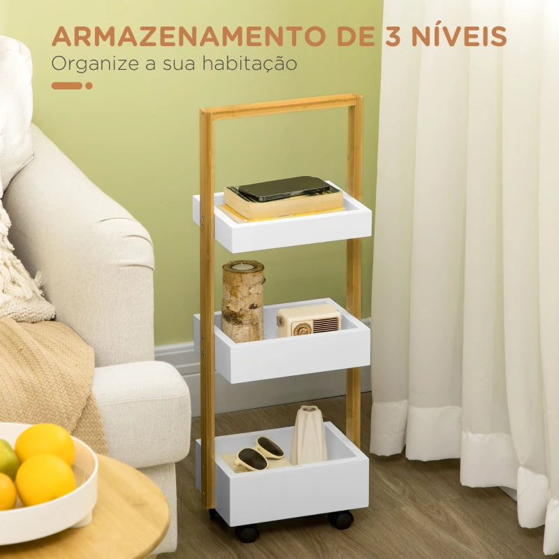 HOMCOM Carrinho de Casa de Banho de Bambu com Rodas e 3 Cestos de Armazenamento 28x18x75 cm Branco e Madeira