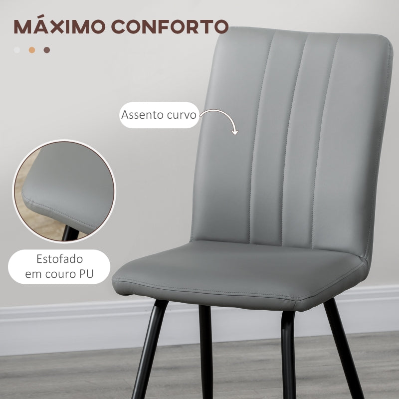 HOMCOM Conjunto de 2 Cadeiras de Sala de Jantar Modernas de Couro PU com Encosto Costurado e Pés de Aço 43x62x88 cm Cinza