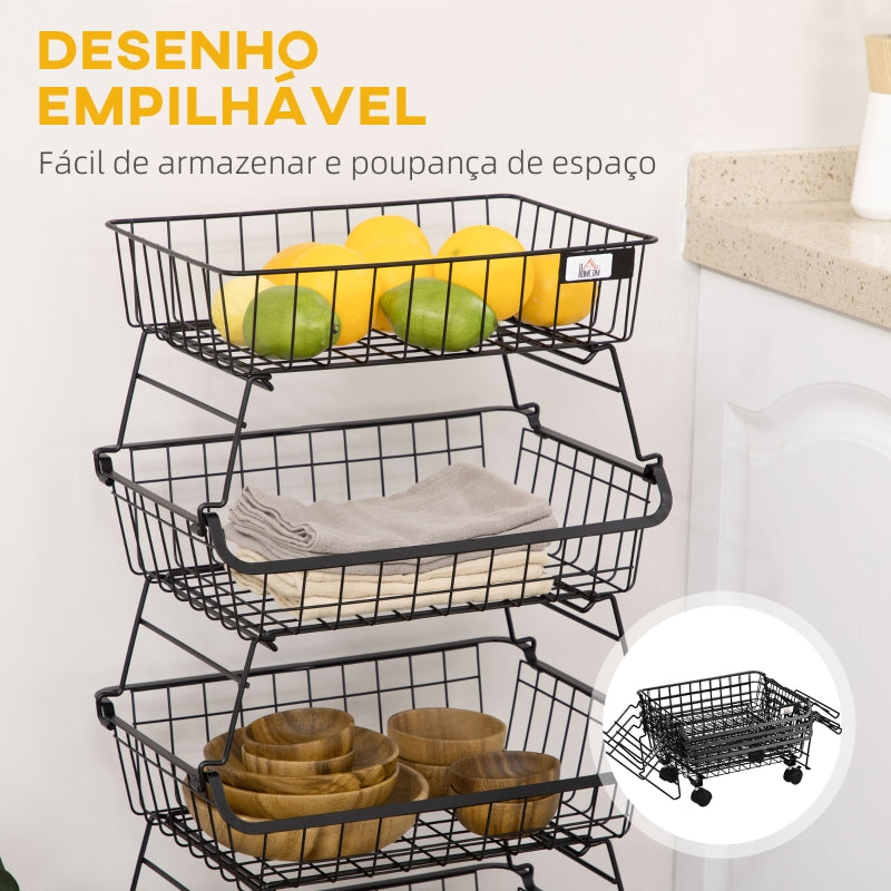 HOMCOM Fruteira Cesto para Frutas de 4 Níveis com Rodas Carrinho de Armazenamento de Aço Empilhável 40x28x97cm Preto