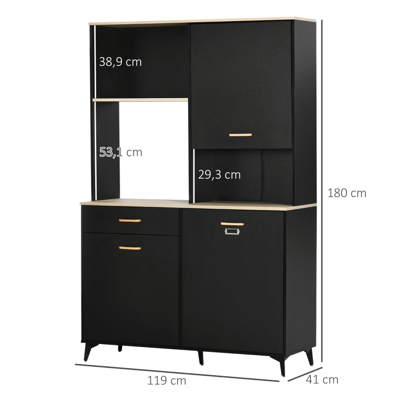 HOMCOM Armário de Cozinha com 1 Gaveta 3 Portas e Armazenamento Aberto Estilo Moderno 119x41x180cm Preto