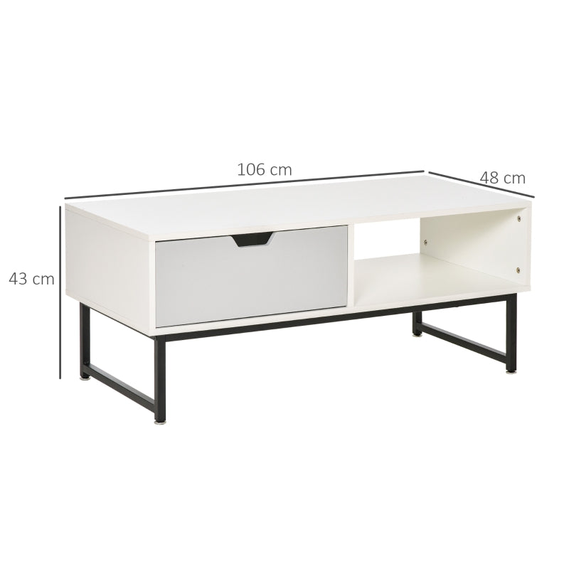 HOMCOM Mesa de Centro para Sala de Estar Mesa de Centro Moderna com Prateleira Aberta Gaveta e Pés Elevados Mesa Auxiliar para Sala de Estar Escritório 106x48x43cm Branco