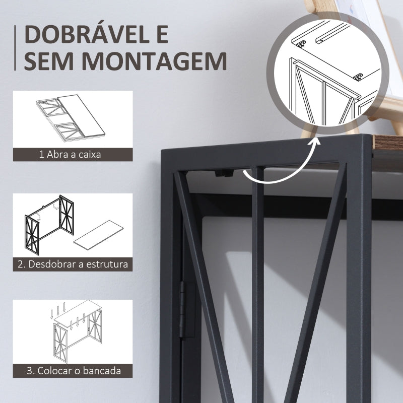 HOMCOM Consola Estilo Industrial com Estrutura em Metal Dobrável e bancada de MDF 100x38x80cm Marrom e Preto