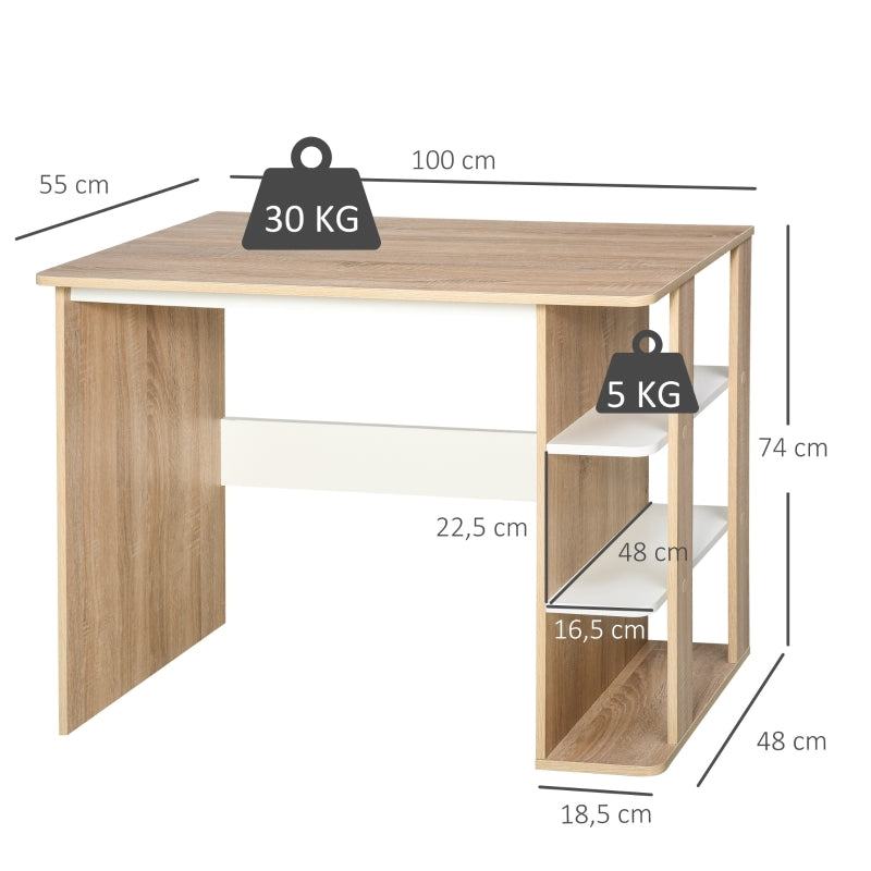 HOMCOM Secretária 2 em 1 com prateleira de 3 níveis Superfície Grande Amplo espaço de armazenamento 100x55x74 cm Madeira