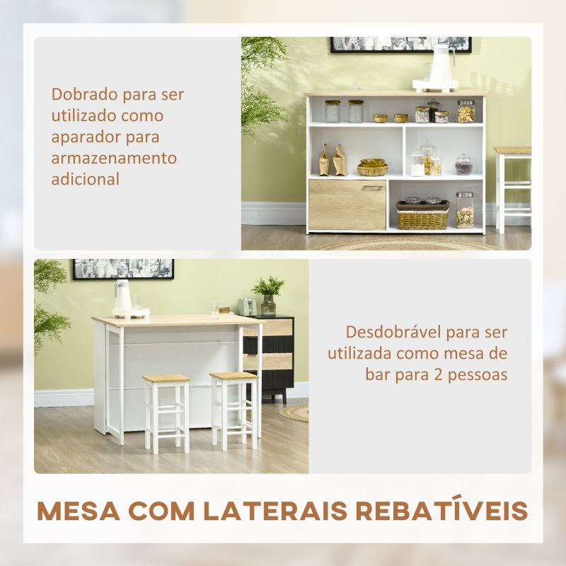 HOMCOM Mesa Alta Extensível com Lateral Dobrável Mesa de Bar com Compartimentos de Armazenamento e 1 Armário 116x79,5x91 cm Branco