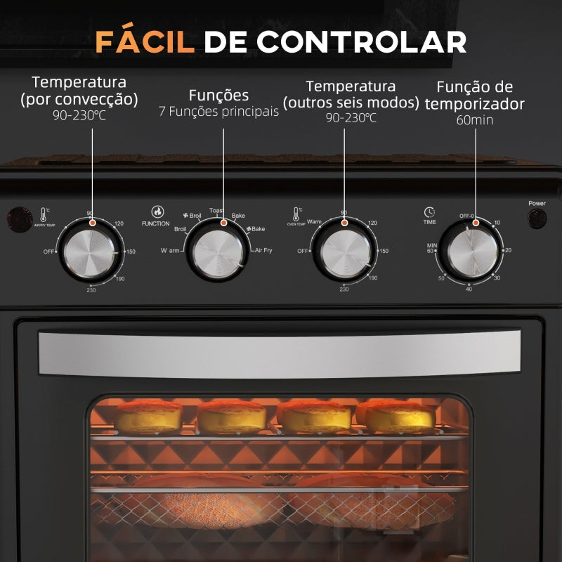 HOMCOM Mini Forno Elétrico 30L 1600W Mini Forno de Convecção com 7 Modos Temporizador e Temperatura Ajustável 43x39x39 cm Preto