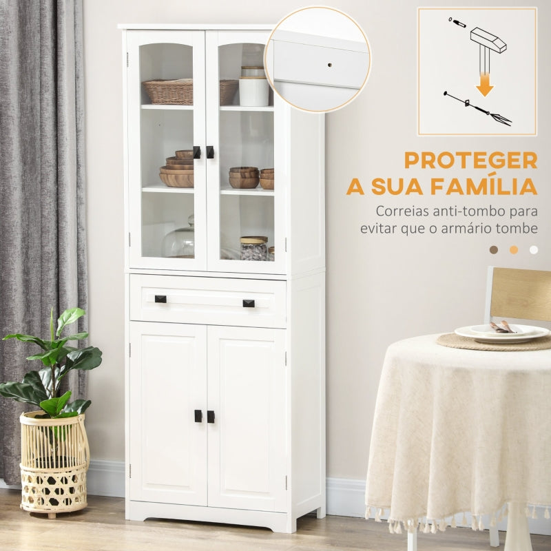 HOMCOM Armário de Cozinha com 4 Portas 1 Gaveta e 2 Prateleiras Ajustáveis para Sala de Jantar 60x30x160 cm Branco