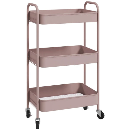 HOMCOM Carrinho Auxiliar de 3 Níveis com Rodas Carrinho de Armazenamento Deslizante para Cozinha Sala 45x30.6x79 cm Rosa