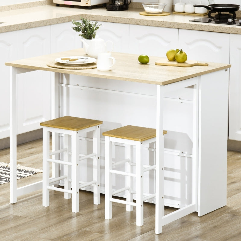 HOMCOM Mesa Alta Extensível com Lateral Dobrável Mesa de Bar com Compartimentos de Armazenamento e 1 Armário 116x79,5x91 cm Branco