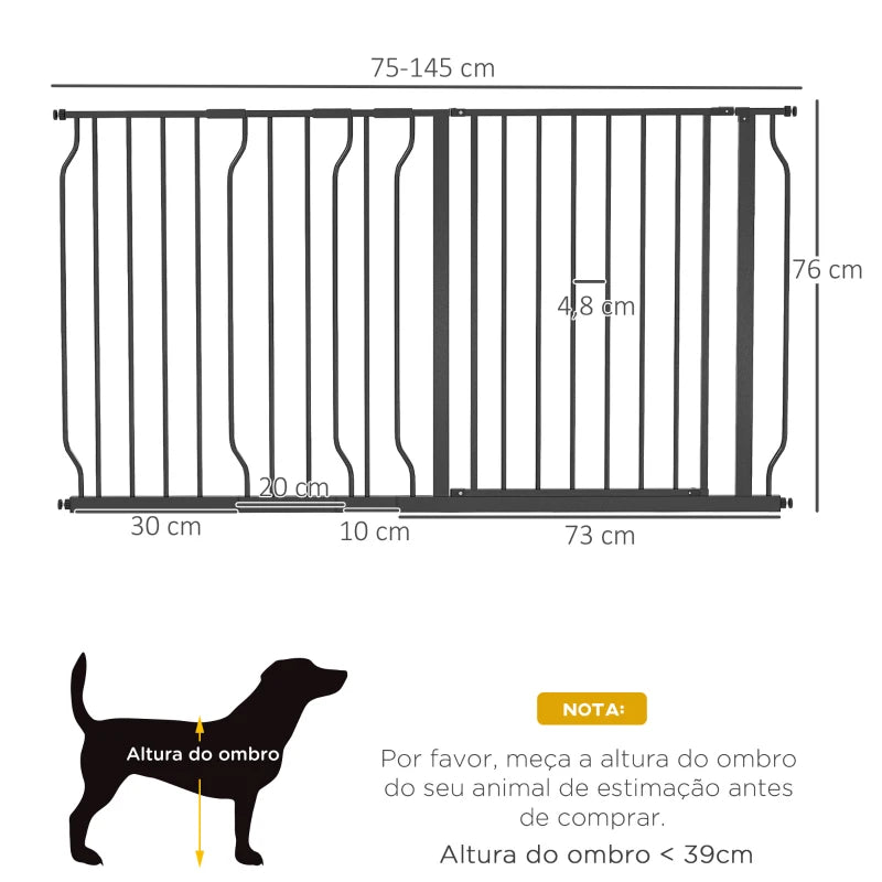 PawHut Barreira de Segurança para Cães com 3 Extensões Montagem a Pressão Duplo Bloqueio 75-145x76 cm Preto