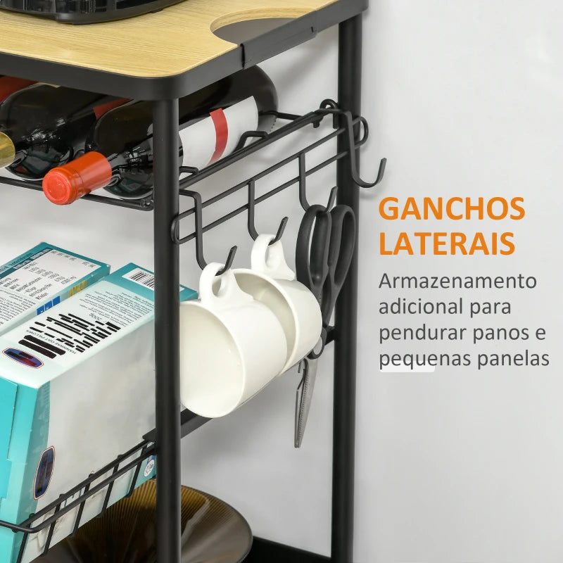 HOMCOM Carrinho de Cozinha com Rodas Carrinho de Cozinha Multiuso com Suporte para Garrafas Cesta Removível e 4 Ganchos para Sala de Jantar Sala de Estar 60,5x35,5x75cm Preto e Carvalho