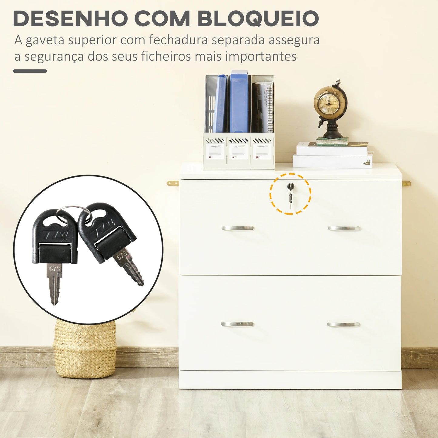 Vinsetto Armário com Gavetas para Escritório Armário de Arrumação de Escritório com Fechadura e 2 Chaves 74x42x72cm Branco