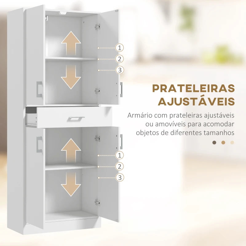 HOMCOM Armário de Cozinha com 4 Portas 1 Gaveta e Prateleiras Ajustáveis Anti-Tombo Armário de Cozinha Moderno 70,8x34x180 cm Branco